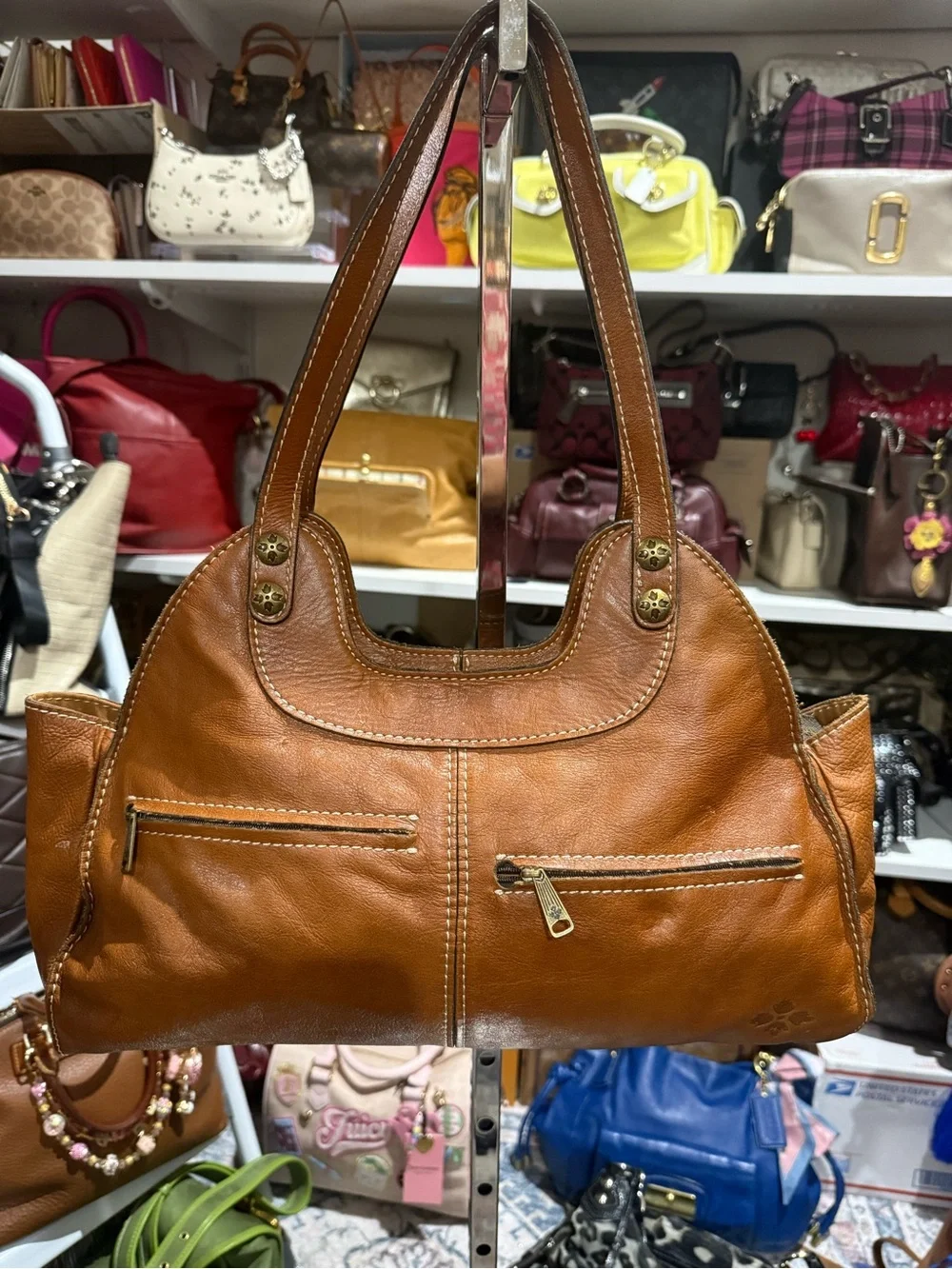 Patricia Nash Studded Leather Shoulder Bag in Cognac Brown